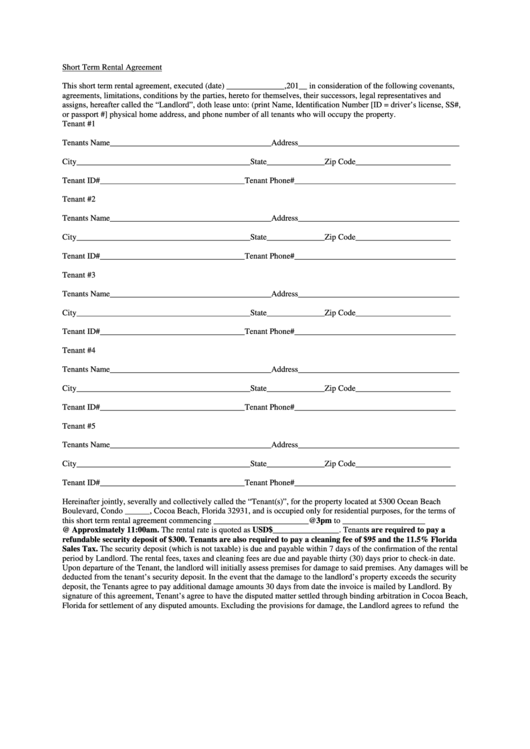 Residential Short Term Rental Agreement Form Printable pdf