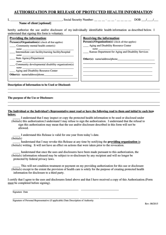 Fillable Authorization For Release Of Protected Health Information Form Printable pdf