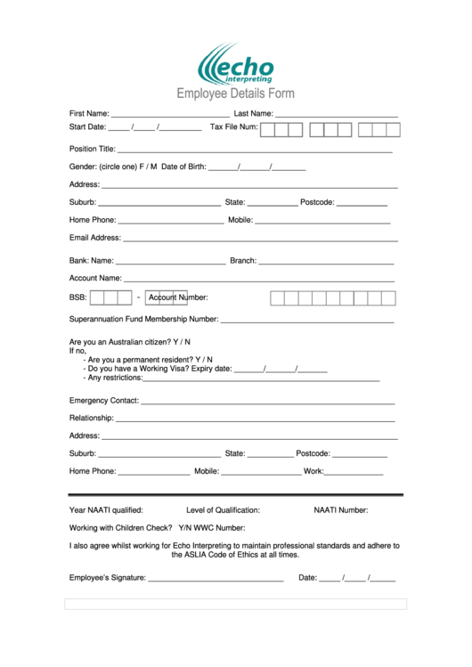 Employee Details Form Printable pdf