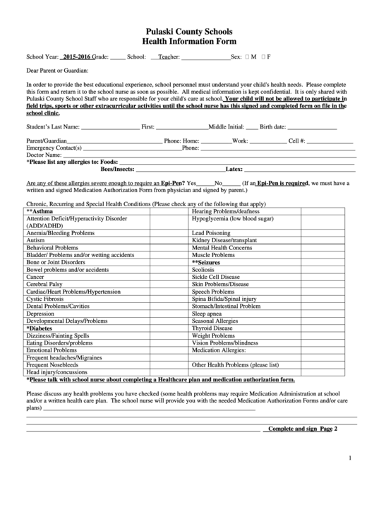 Schhol Health Information Form Printable pdf