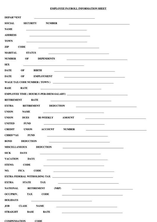 Fillable Employee Payroll Information Sheet Printable pdf