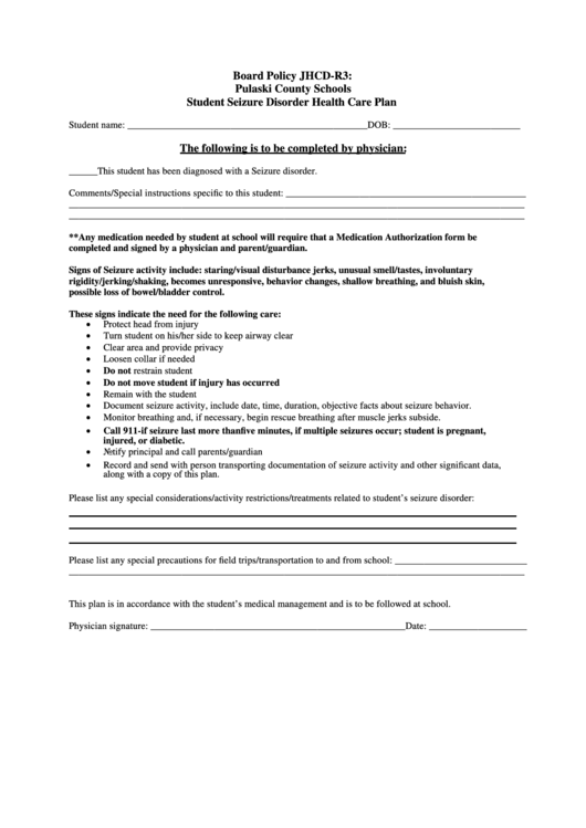 Student Seizure Disorder Health Care Plan Template Printable pdf