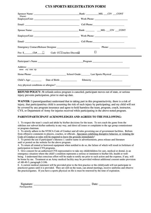 Cys Sports Registration Form