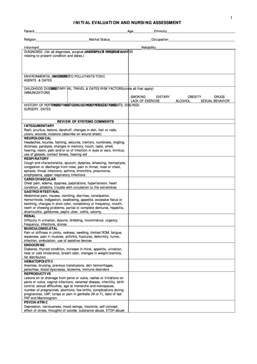 Patient Nursing Assessment / Initial Evaluation Form Printable pdf