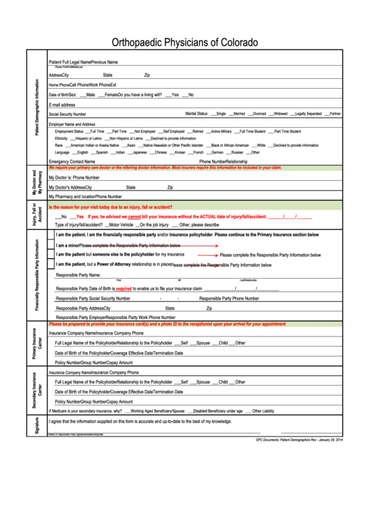 Patient Intake Form (Orthopaedic) Printable pdf