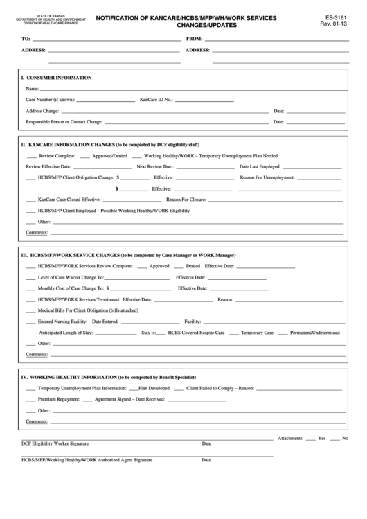 Form Es-3161 - Notification Of Kancare/hcbs/mfp/wh/work Services Changes/updates Printable pdf