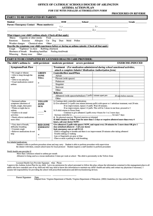 Form F-3a - Office Of Catholic Schools Diocese Of Arlington Asthma Action Plan Printable pdf