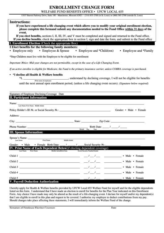 Enrollment Change Form Printable pdf