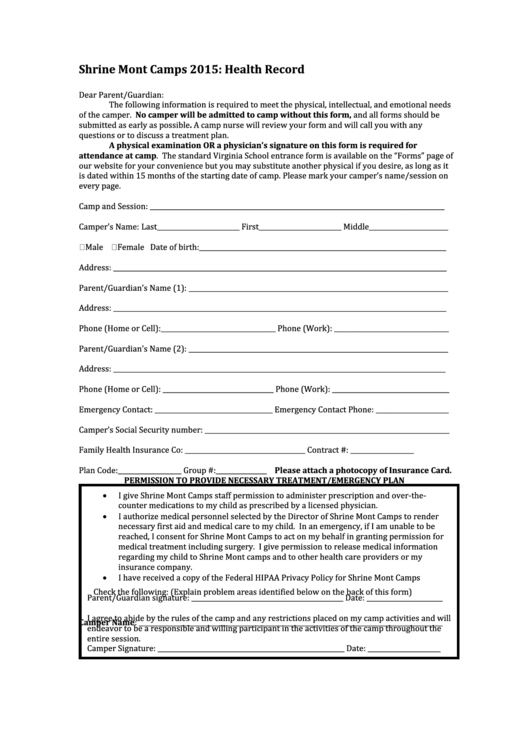 Camp Health Record Form Printable pdf