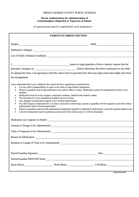 Parent Authorization For Administration Of Acetaminophen, Ibuprofen Or Naproxen At School Form Printable pdf