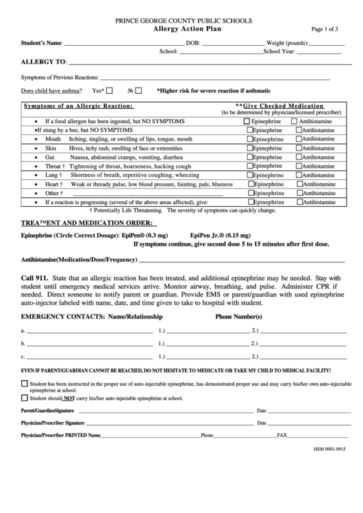 Printable Allergy Action Plan Template