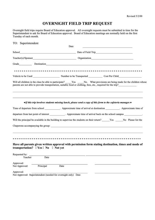 Overnight Field Trip Request Form Printable pdf