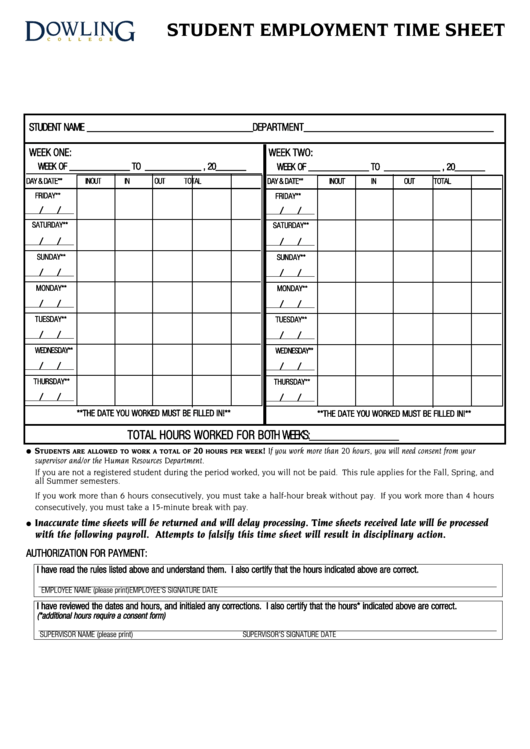 Student Employment Time Sheet printable pdf download