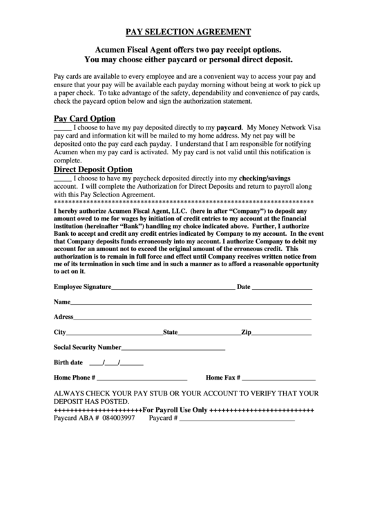 Pay Selection Agreement Form