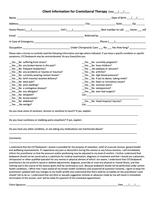 Client Information For Craniosacral Therapy Form Printable pdf