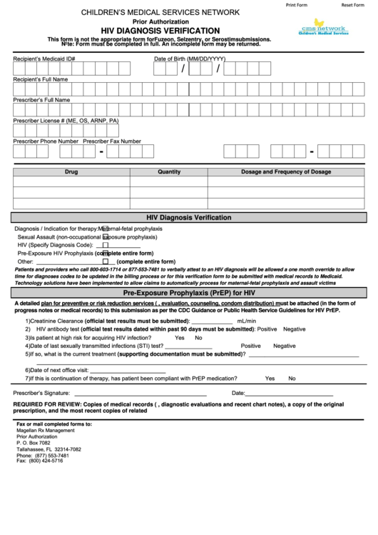 Fillable Hiv Diagnosis Verification - Prior Authorization Form Printable pdf