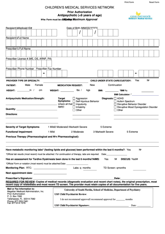 Fillable Antipsychotic (6 Years Of Age) - Prior Authorization Form Printable pdf