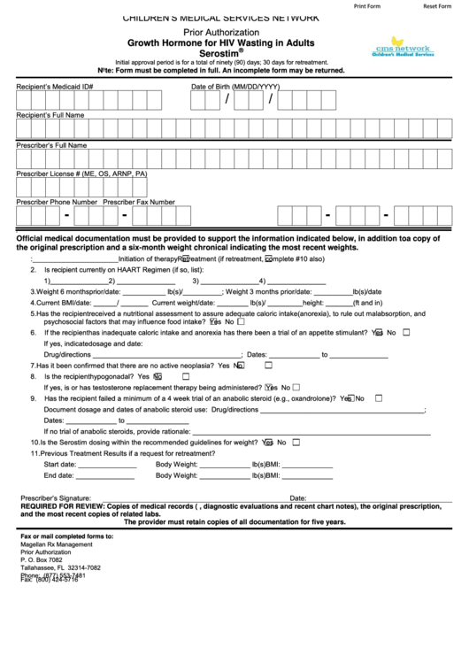 Fillable Serostim - Growth Hormone For Hiv Wasting In Adults - Prior Authorization Form Printable pdf