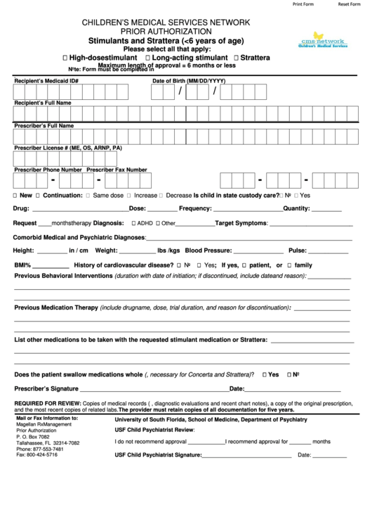 Fillable Stimulants And Strattera (6 Years Of Age) - Prior Authorization Form Printable pdf