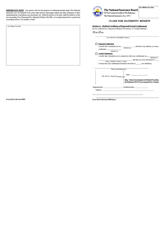 Form Med 2 - Claim For Maternity Benefit - The National Insurance Board Printable pdf