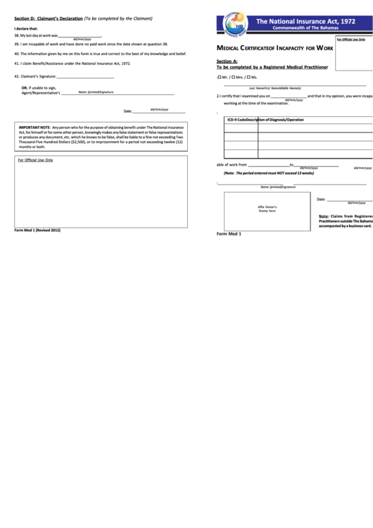 Form Med 1 - Medical Certificate Of Incapacity For Work Printable pdf