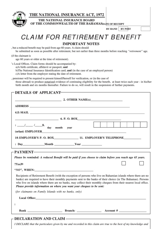 Fillable Form B.58 - Claim For Retirement Benefit Printable pdf