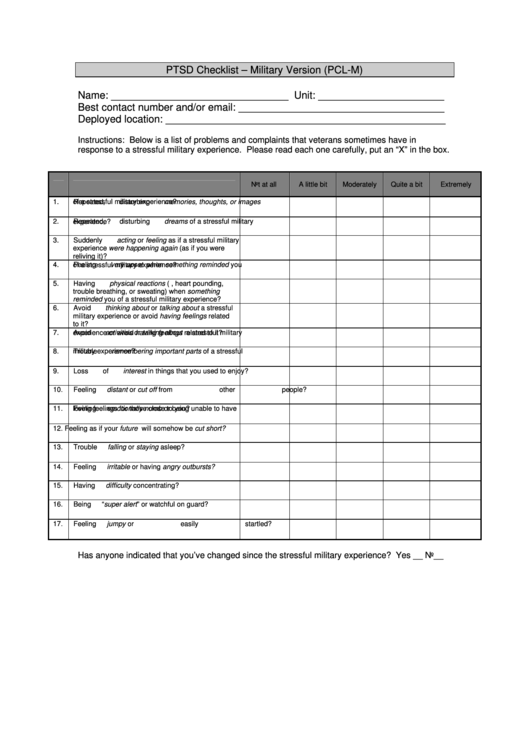 Ptsd Checklist - Military Version (Pcl-M) Template Printable pdf