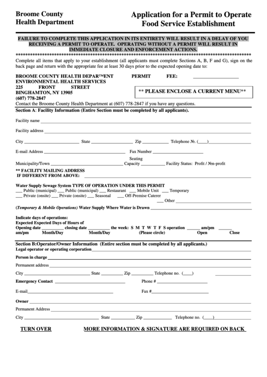 Application For A Permit To Operate Food Service Establishment Form - Broome County Health Department Printable pdf