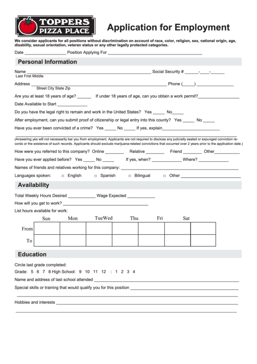 Application For Employment Form Printable Pdf Download 7181