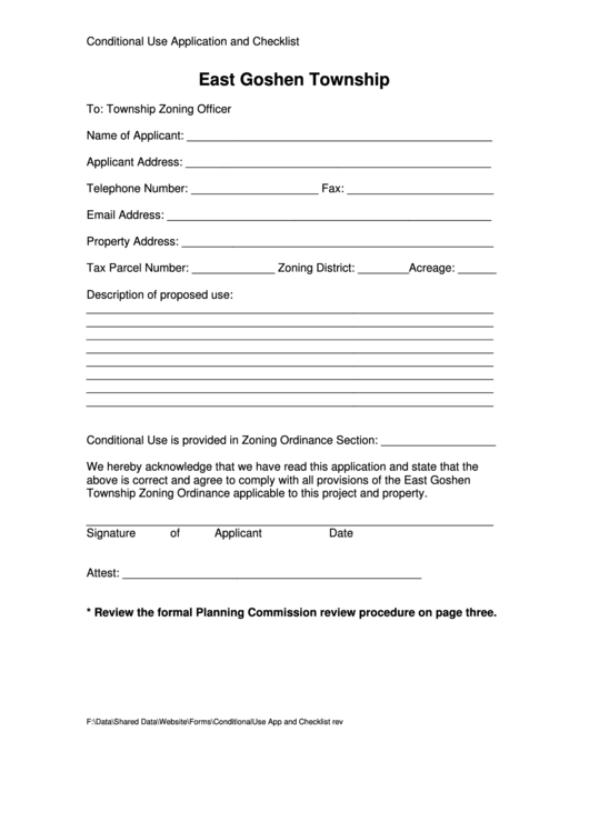 Fillable Conditional Use Application And Checklist Form - East Goshen Township Printable pdf