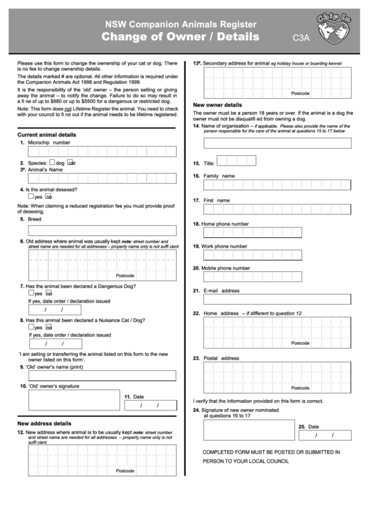 Change Of Owner / Details Form Printable pdf