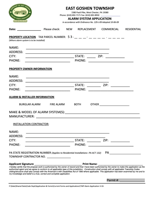Fillable Alarm System Application Form - East Goshen Township Printable pdf