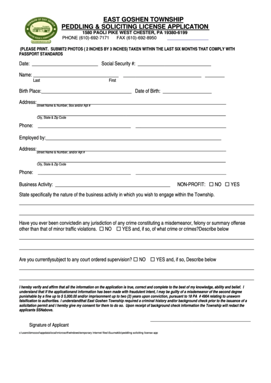 Fillable Peddling & Soliciting License Application Form - East Goshen Township Printable pdf