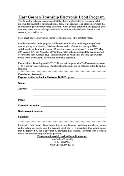 Fillable East Goshen Township Electronic Debit Program Form Printable pdf