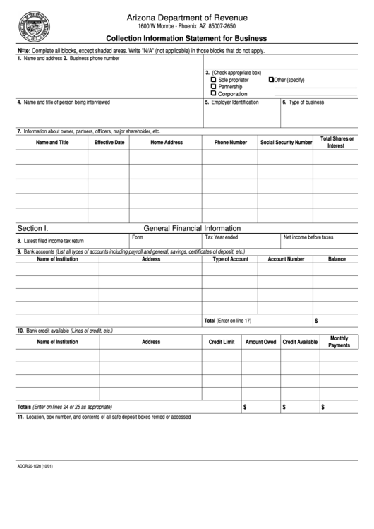Form Ador 20-1020 - Collection Information Statement For Business Printable pdf