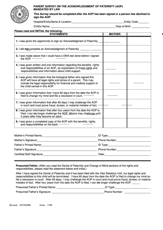 Form 1798 - Parent Survey On The Acknowledgment Of Paternity (Aop) - Texas General Attorney Printable pdf
