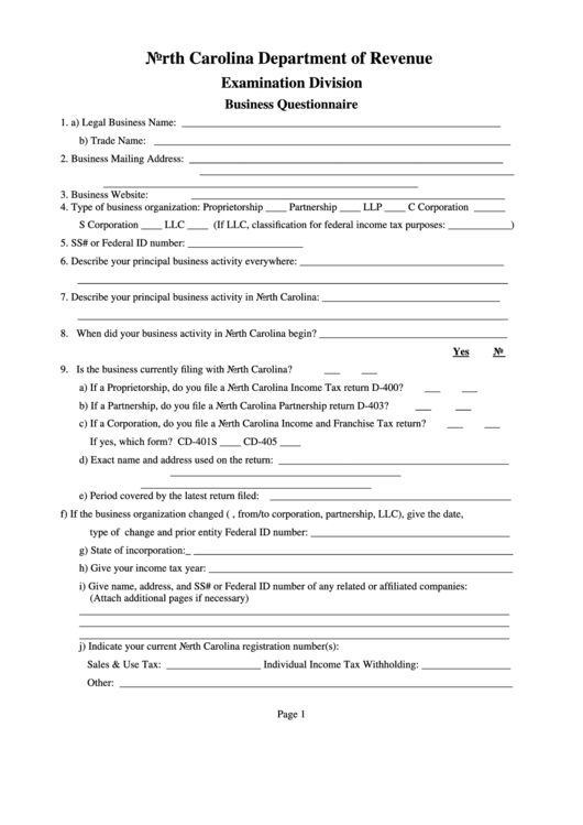 Business Questionnaire Form - North Carolina Department Of Revenue Printable pdf