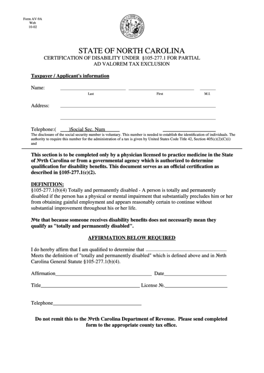 Form Av-9a - Certification Of Disability Under N.c.g.s. 105-277.1 Printable pdf