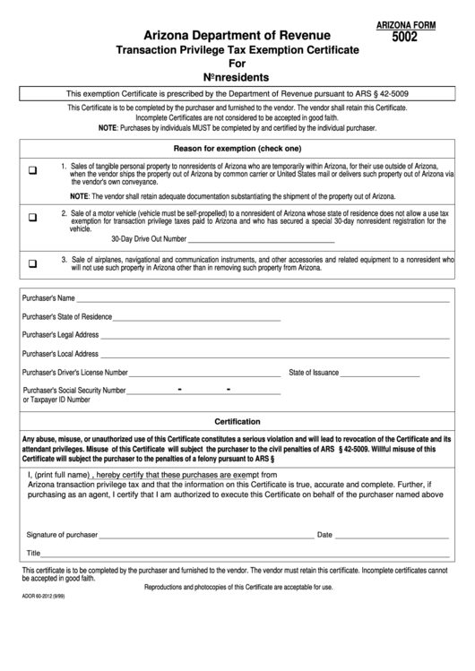 Fillable Arizona Form 5002 Transaction Privilege Tax Exemption