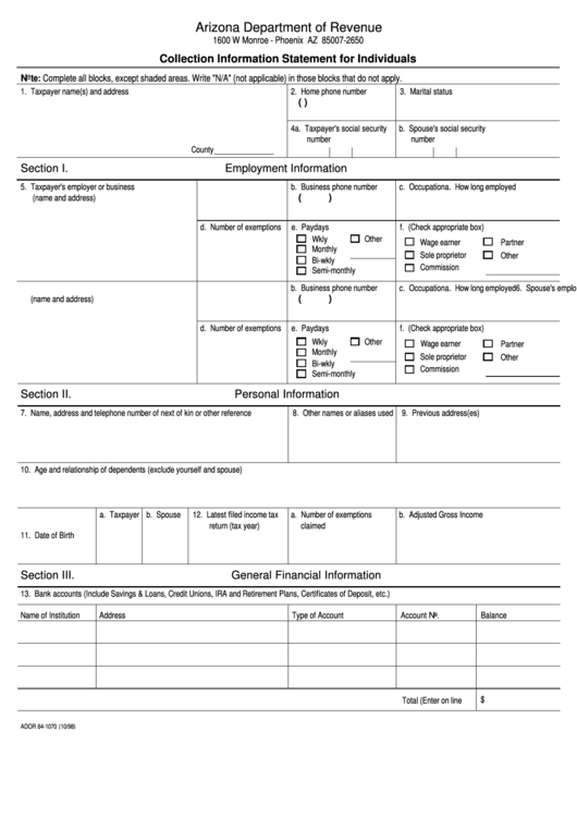Form Ador 64-1070 - Collection Information Statement For Individuals Printable pdf
