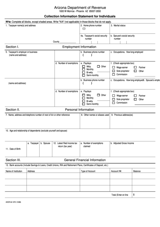 Form Ador 64 1070 Collection Information Statement For Individuals Printable Pdf Download