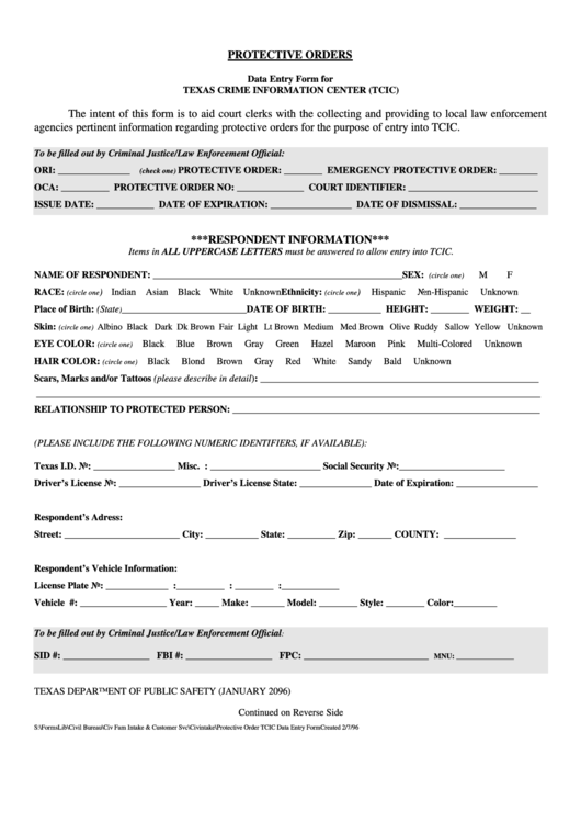 Protective Orders - Data Entry Form For Texas Crime Information Center (Tcic) - Texas Department Of Public Safety Printable pdf