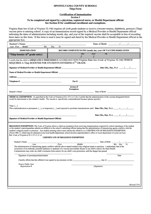 Tdap Form - Spotsylvania County Schools Printable pdf