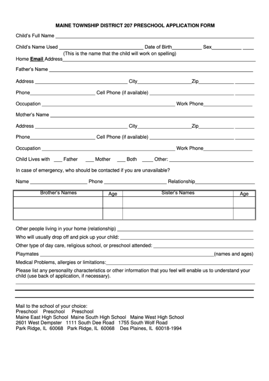 Maine Township District 207 Preschool Application Form Printable pdf