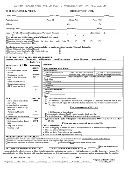 Fillable Asthma Health Care Action Plan And Authorization For Medication Form Printable pdf