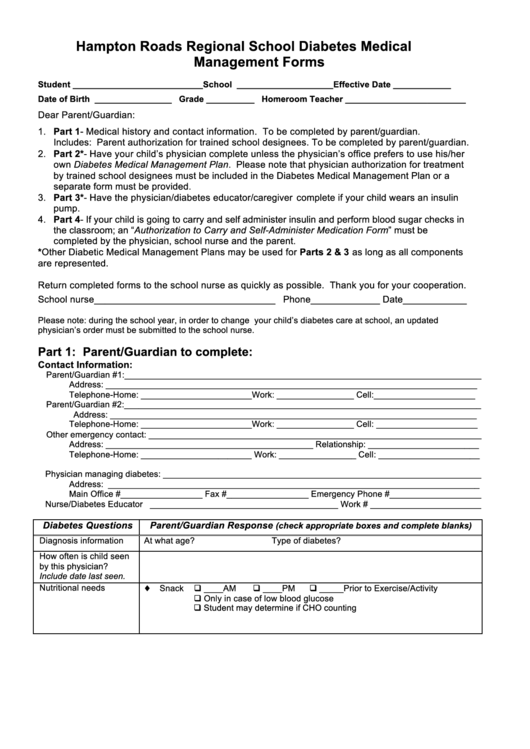 Hampton Roads Regional School Diabetes Medical Management Form Printable pdf