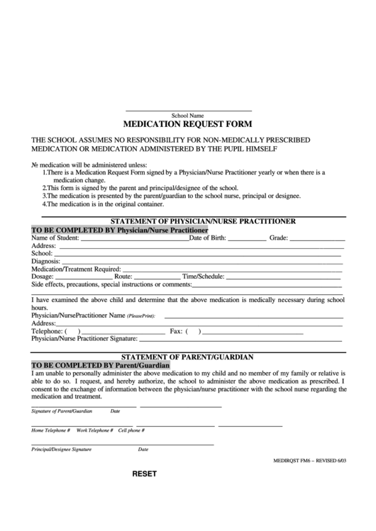 Fillable Medication Request Form For School Printable pdf