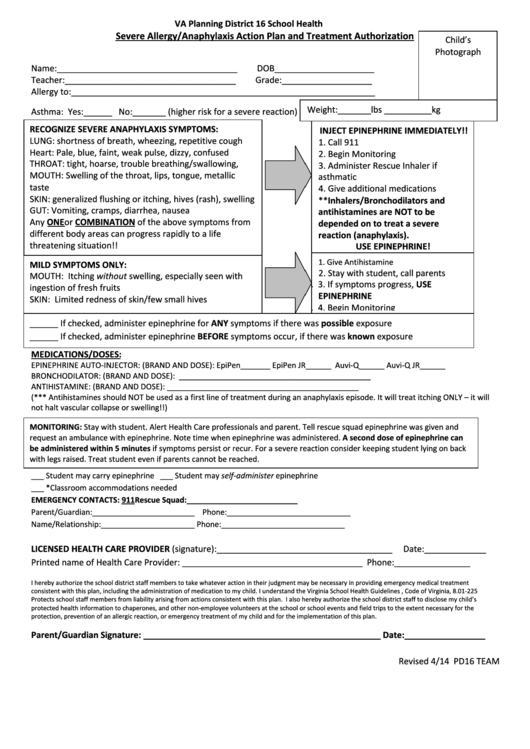 Severe Allergy/anaphylaxis Action Plan And Treatment Authorization Form Printable pdf