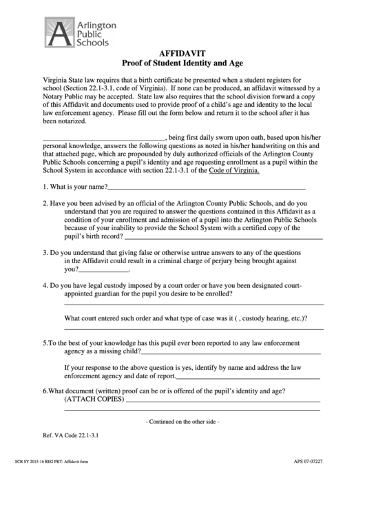 Proof Of Student Identity And Age Form Printable pdf