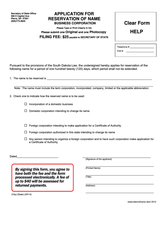 Fillable Application For Reservation Of Name Business Corporation Form Printable pdf